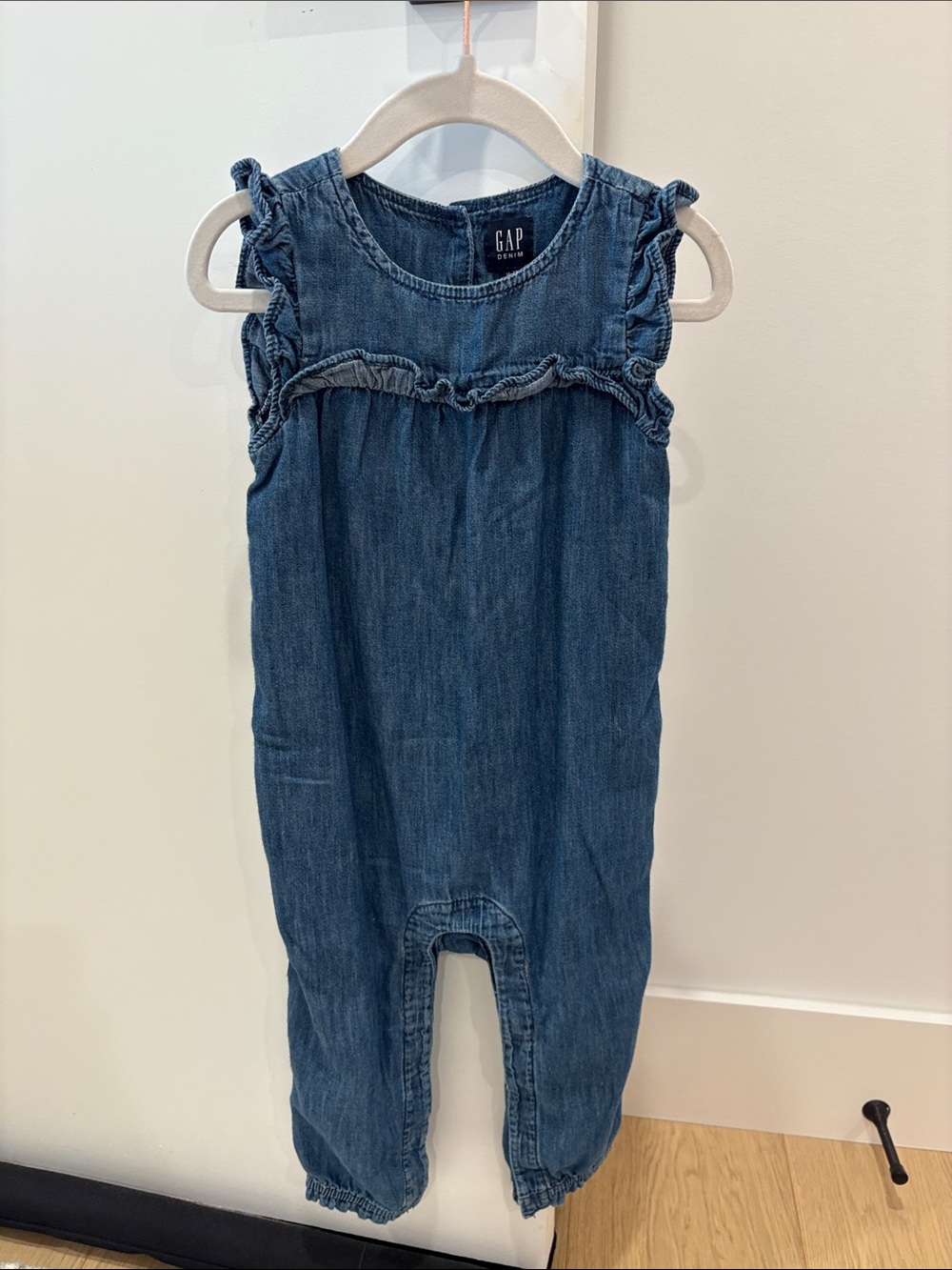 GAP Denim Ruffle Shoulder Jumpsuit in Blue